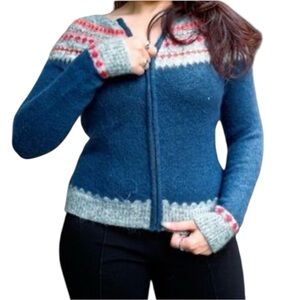 GAP Full Zip Mohair/Wool Blend Nordic Sweater in Navy/Red/Gray Size XS